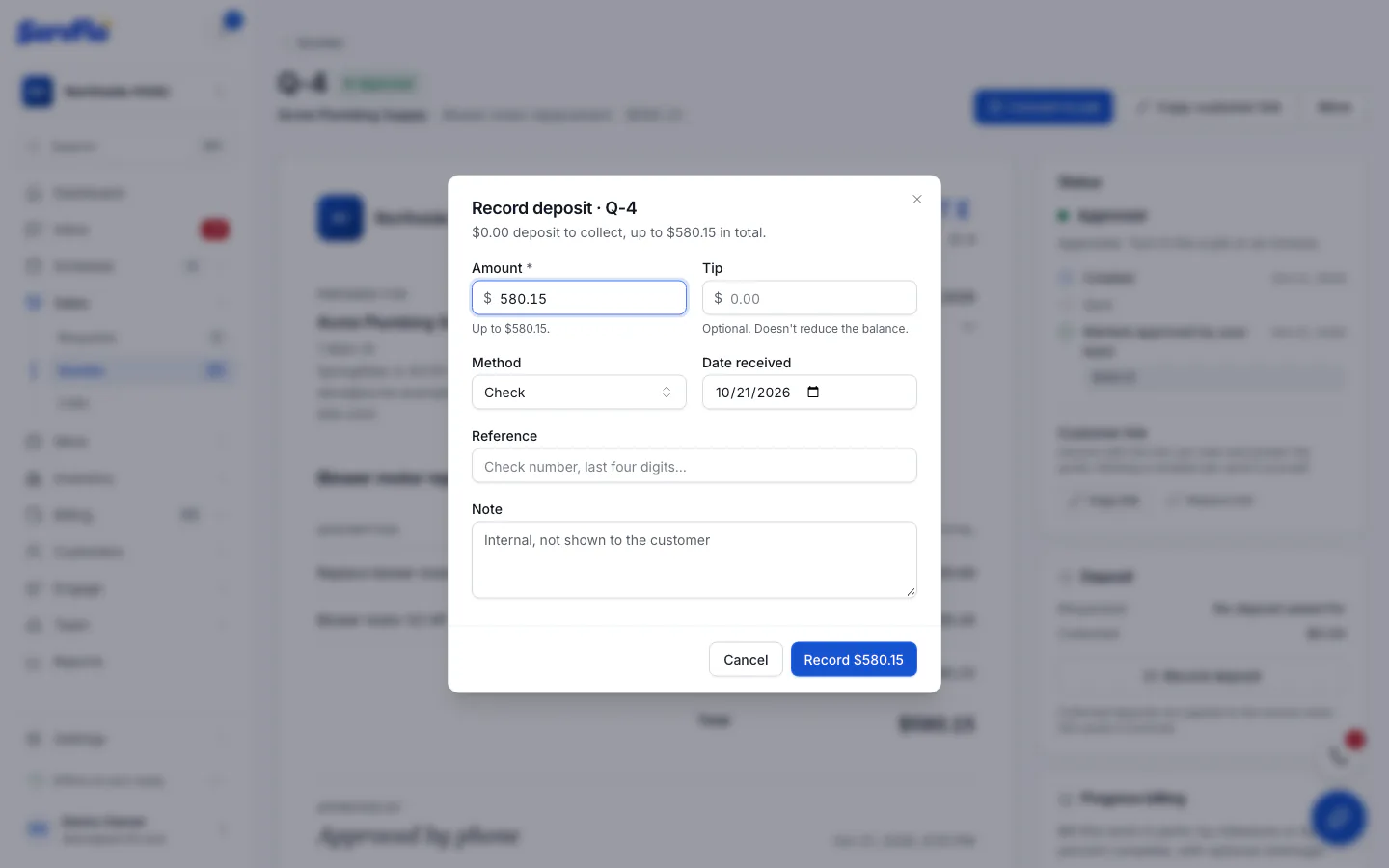 The Record deposit dialog with amount, method and date received