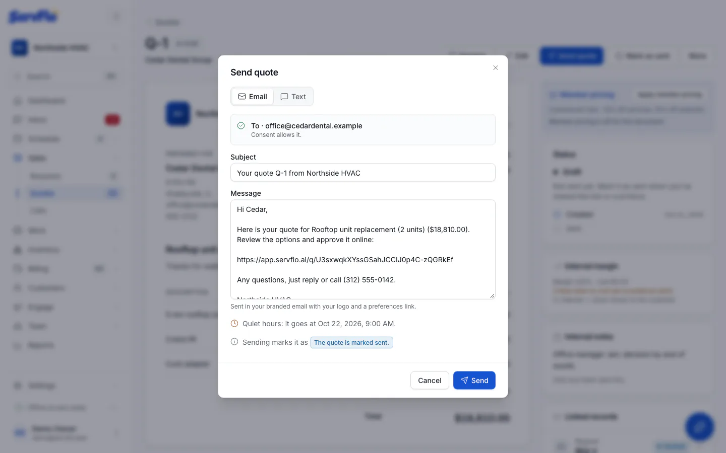 The Send quote preview with the channel, recipient and message