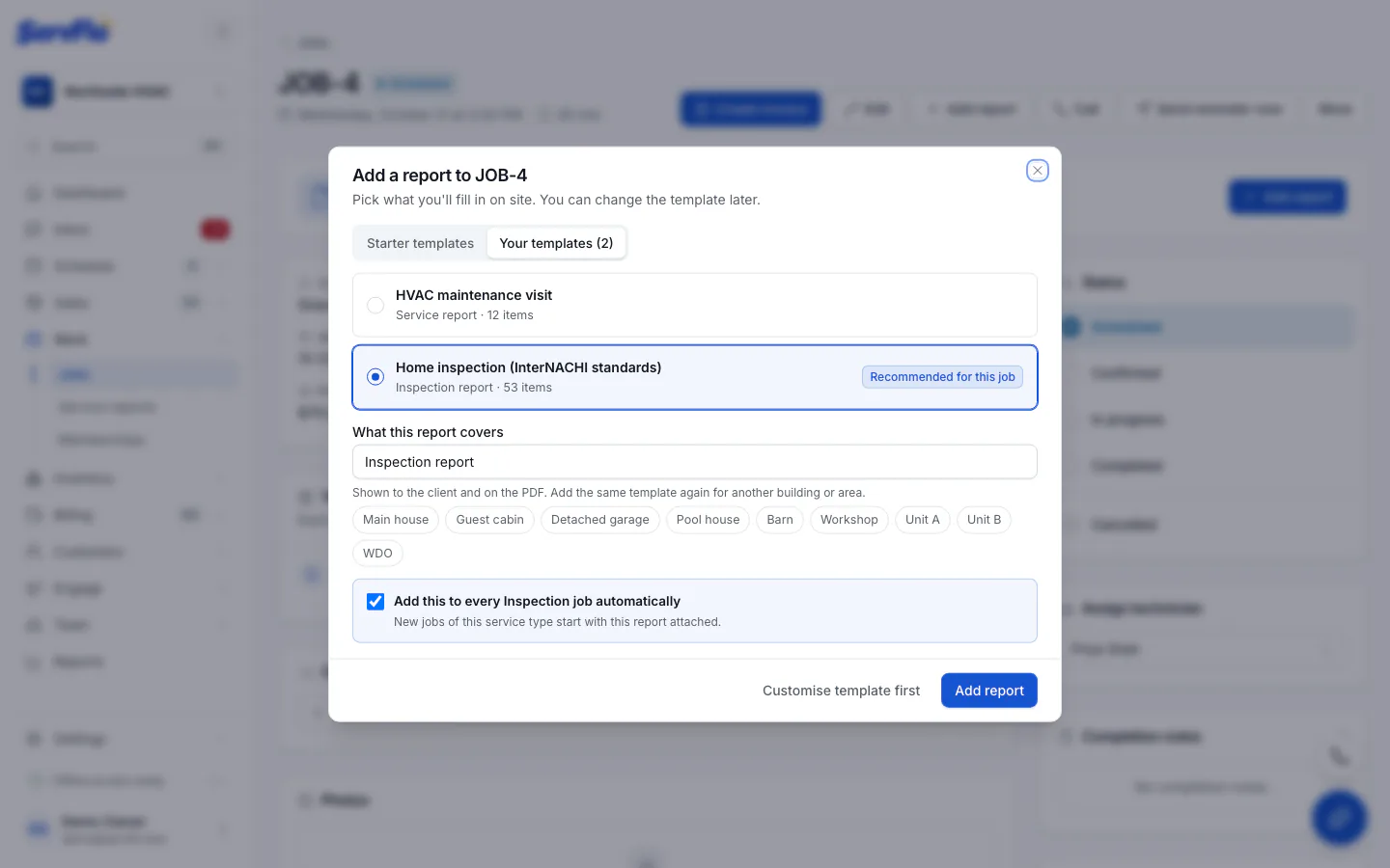 The Add report dialog with templates, the recommendation and What this report covers