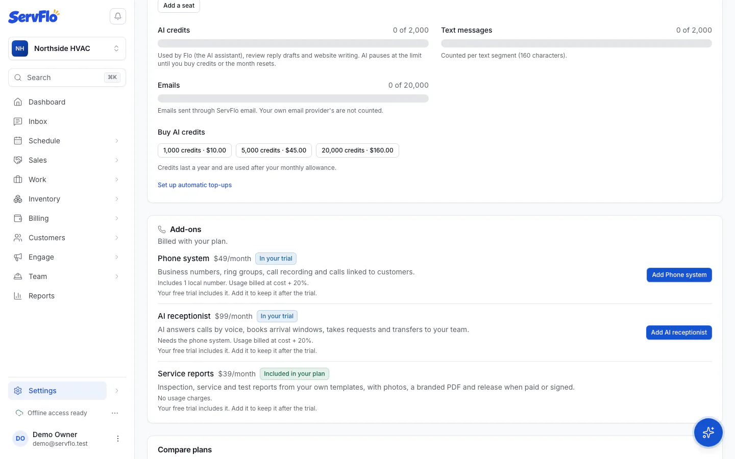 The Add-ons list in Billing with the Service reports add-on