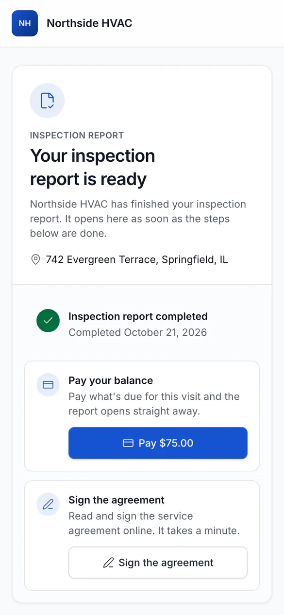 The client's page for a report waiting for payment and the signed agreement