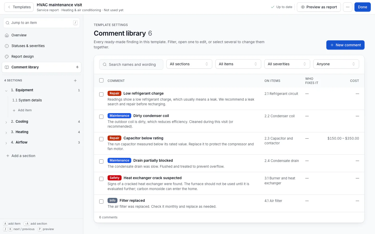 The comment library with filters and a selected comment