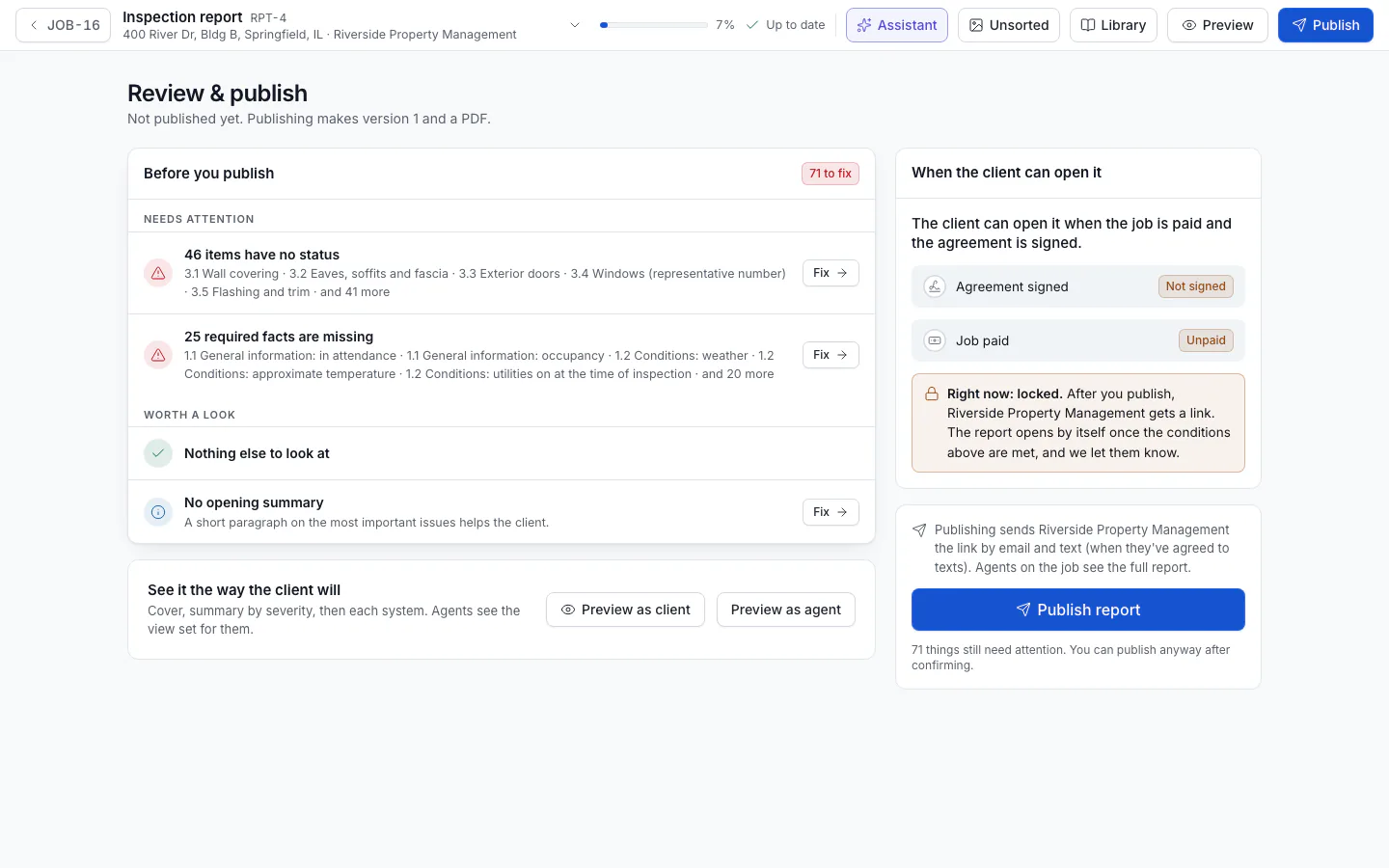 Review and publish with the checklist, previews and when the client can open it