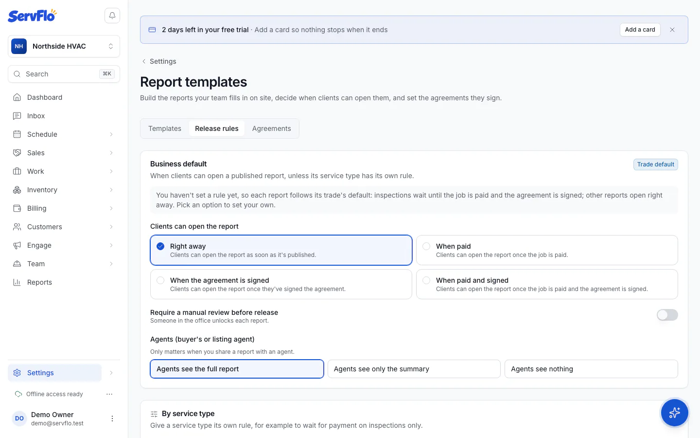 The Release rules tab with the business default and rules by service type