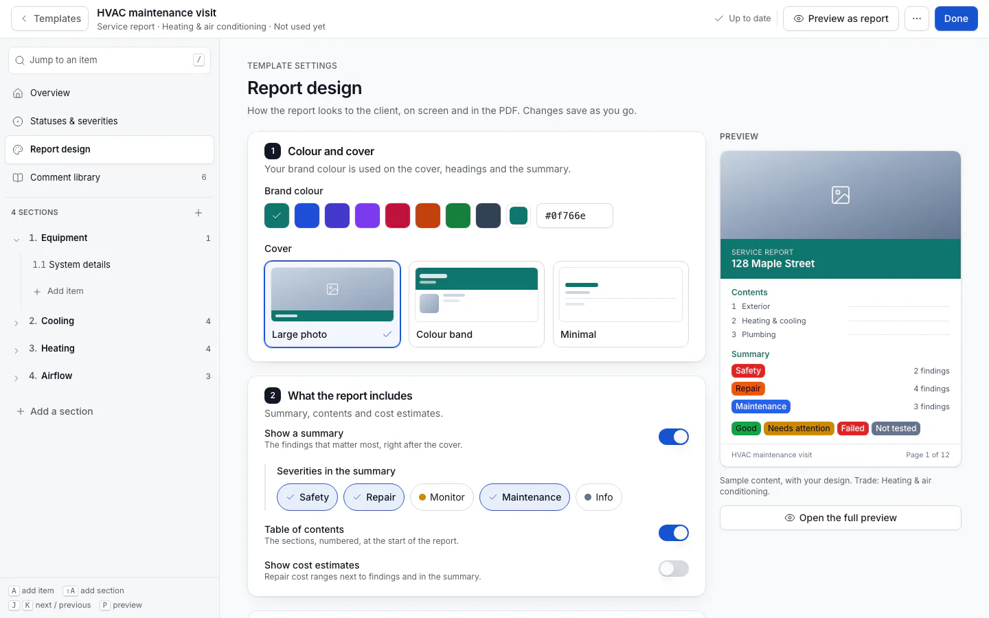 Report design with brand color, cover and the live preview