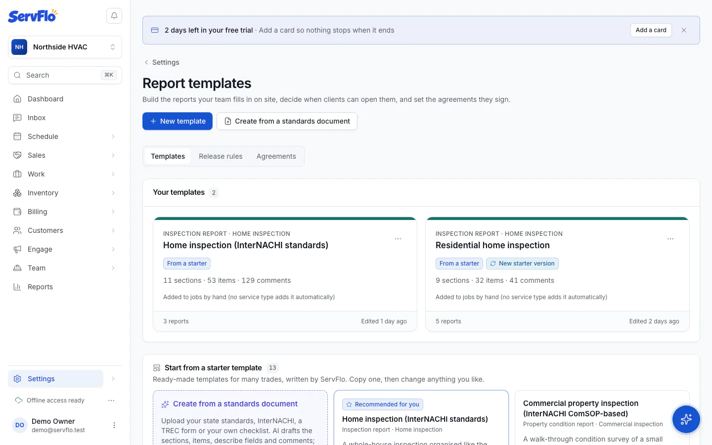 Report templates in Settings, with your templates and the starter gallery