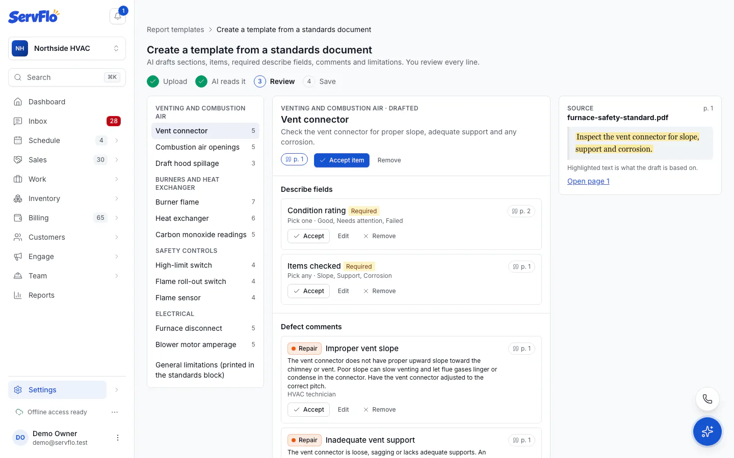 Reviewing a drafted template with the outline, an item and the source page