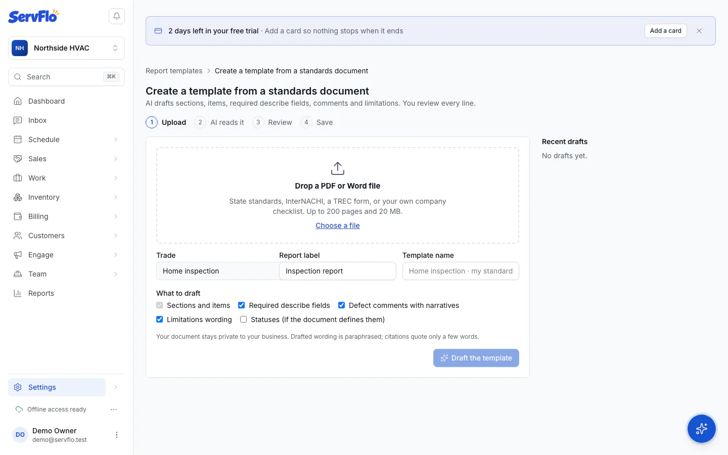 Create a template from a standards document: upload, trade, label and what to draft