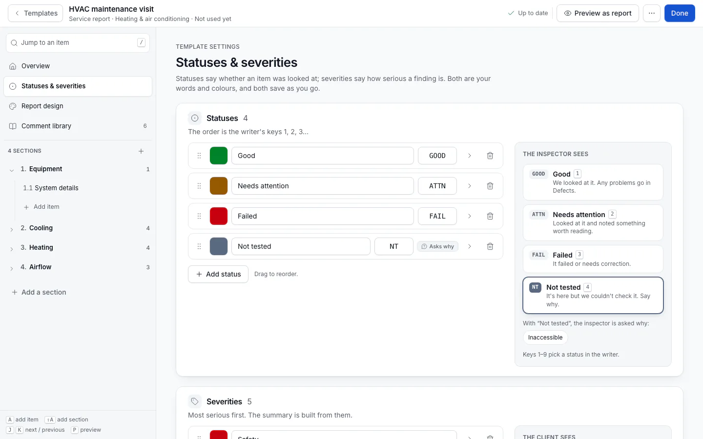 Statuses and severities with the inspector and client previews