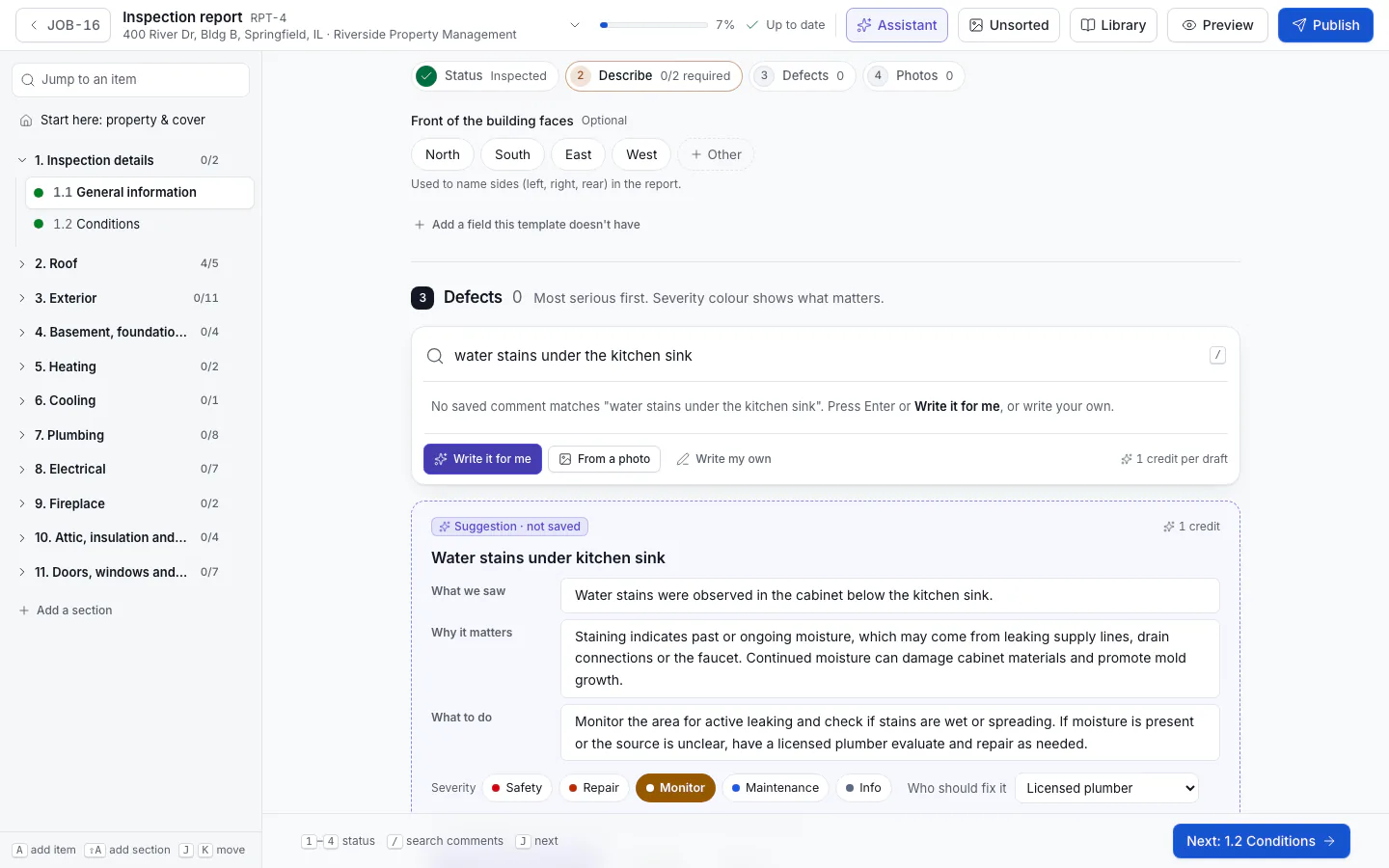 An AI suggestion for a defect, with the three parts, severity and Accept defect