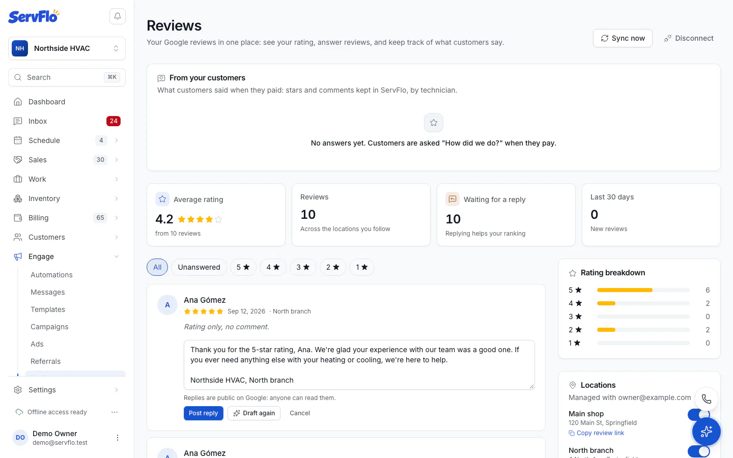 A Google review with an AI-drafted reply ready to post