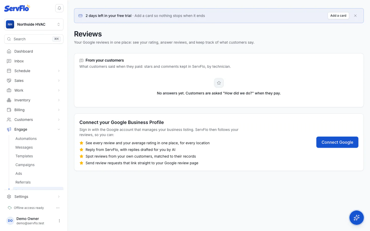 The Reviews page with the average rating, unanswered reviews and the review list