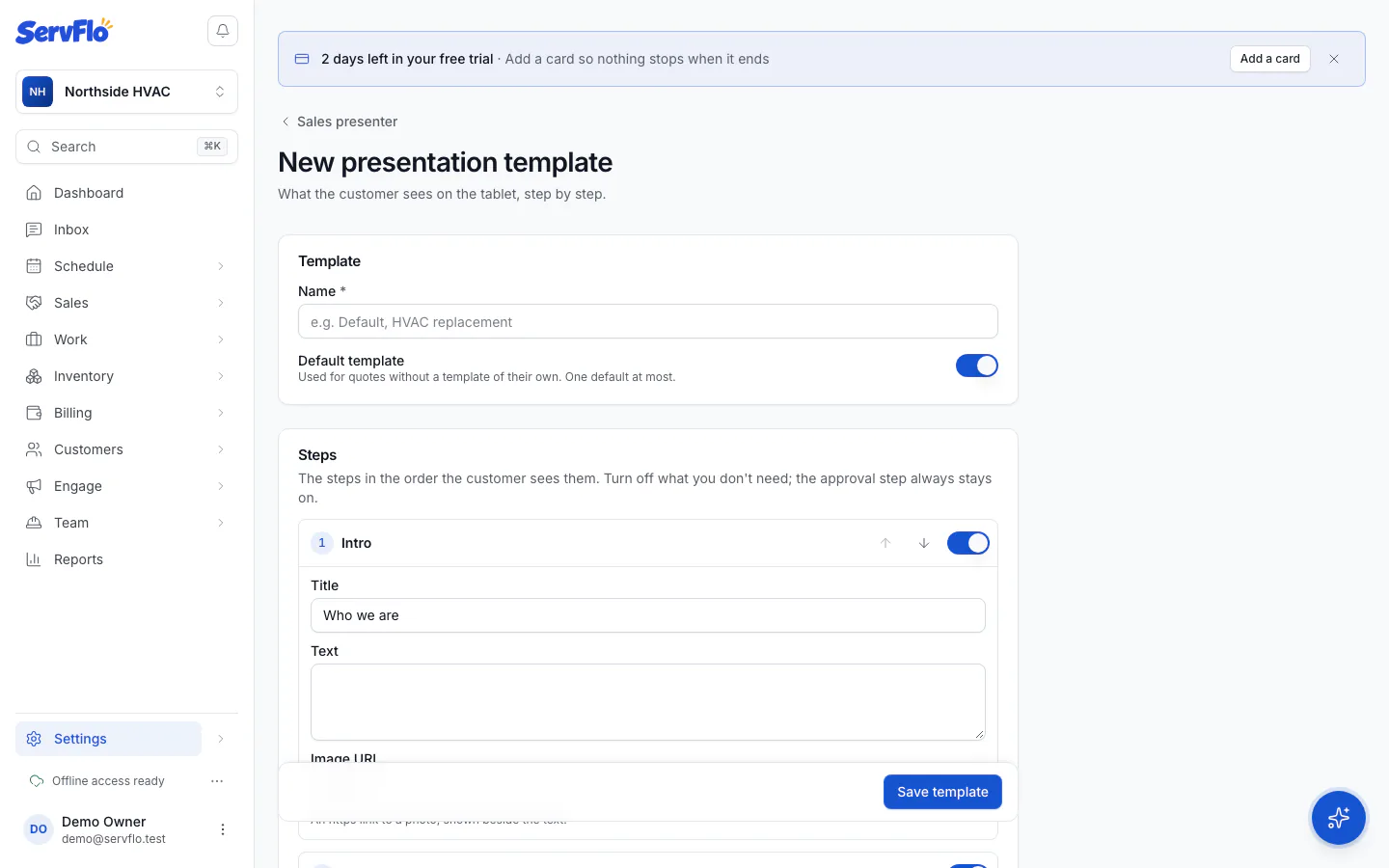 The presentation template editor with steps, company story and trust badges