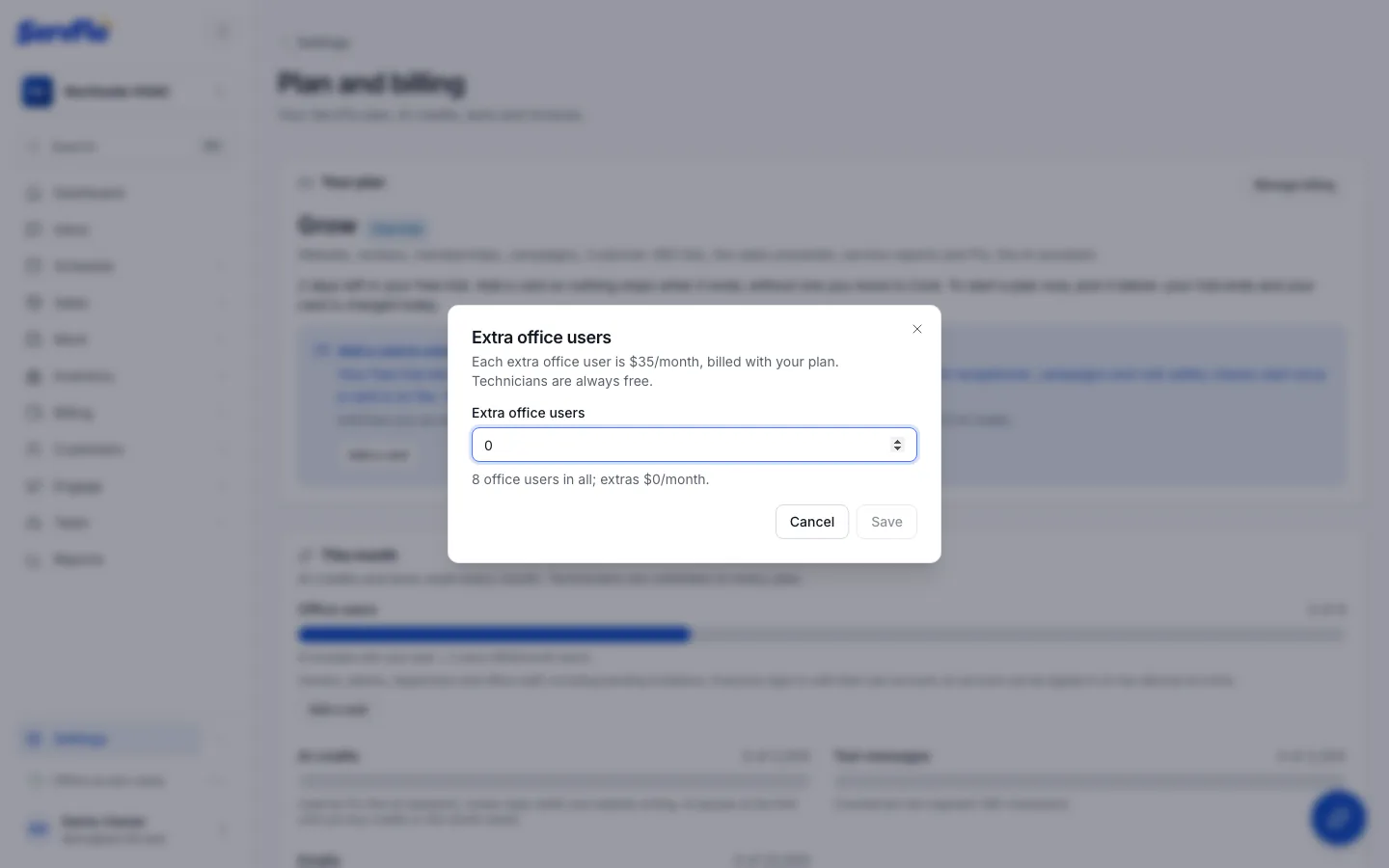The Extra office users dialog with the number of seats and the confirmation checkbox
