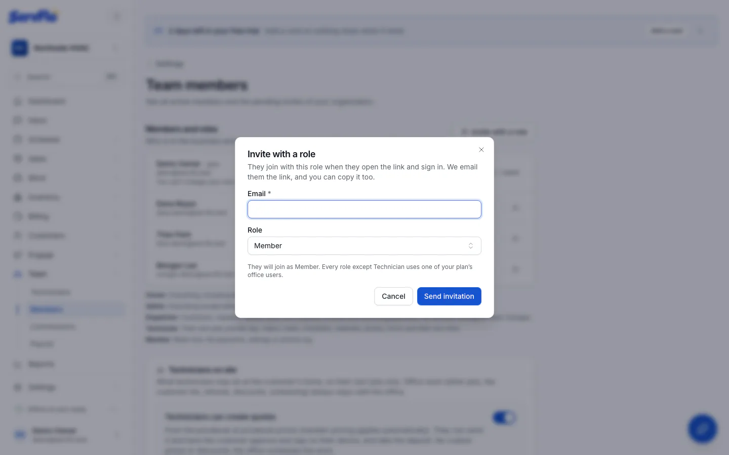The Invite with a role dialog with email and role fields