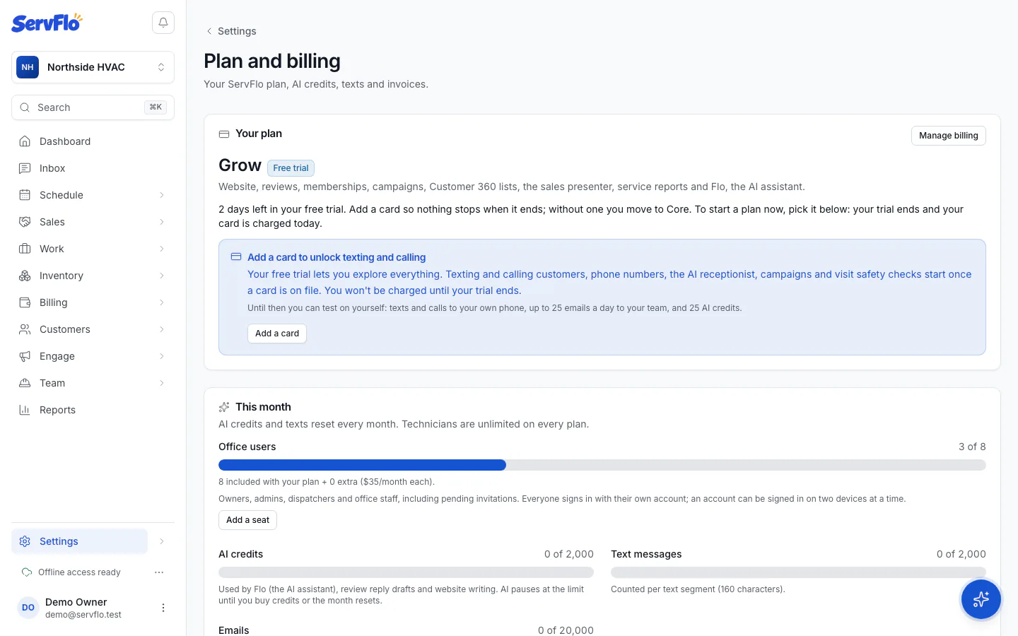 The Office users meter on Plan and billing, showing included and extra seats