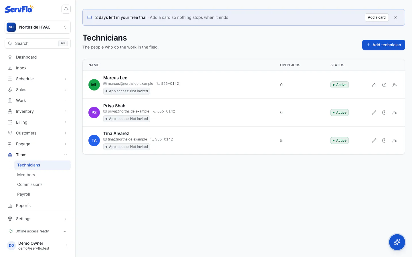 The Technicians list showing each technician's app access and the account actions menu