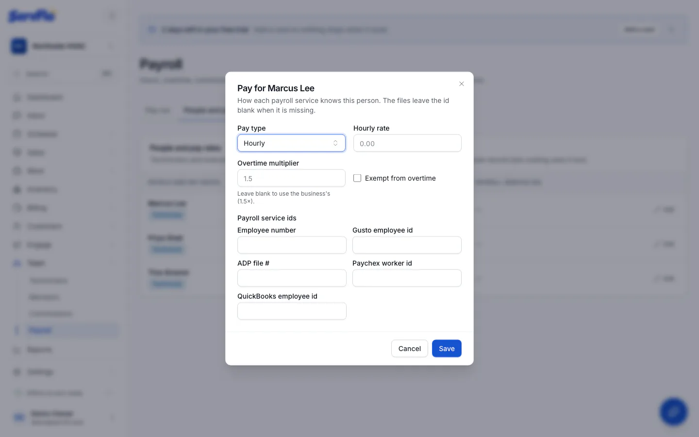 The Pay dialog with pay type, hourly rate and payroll service ids