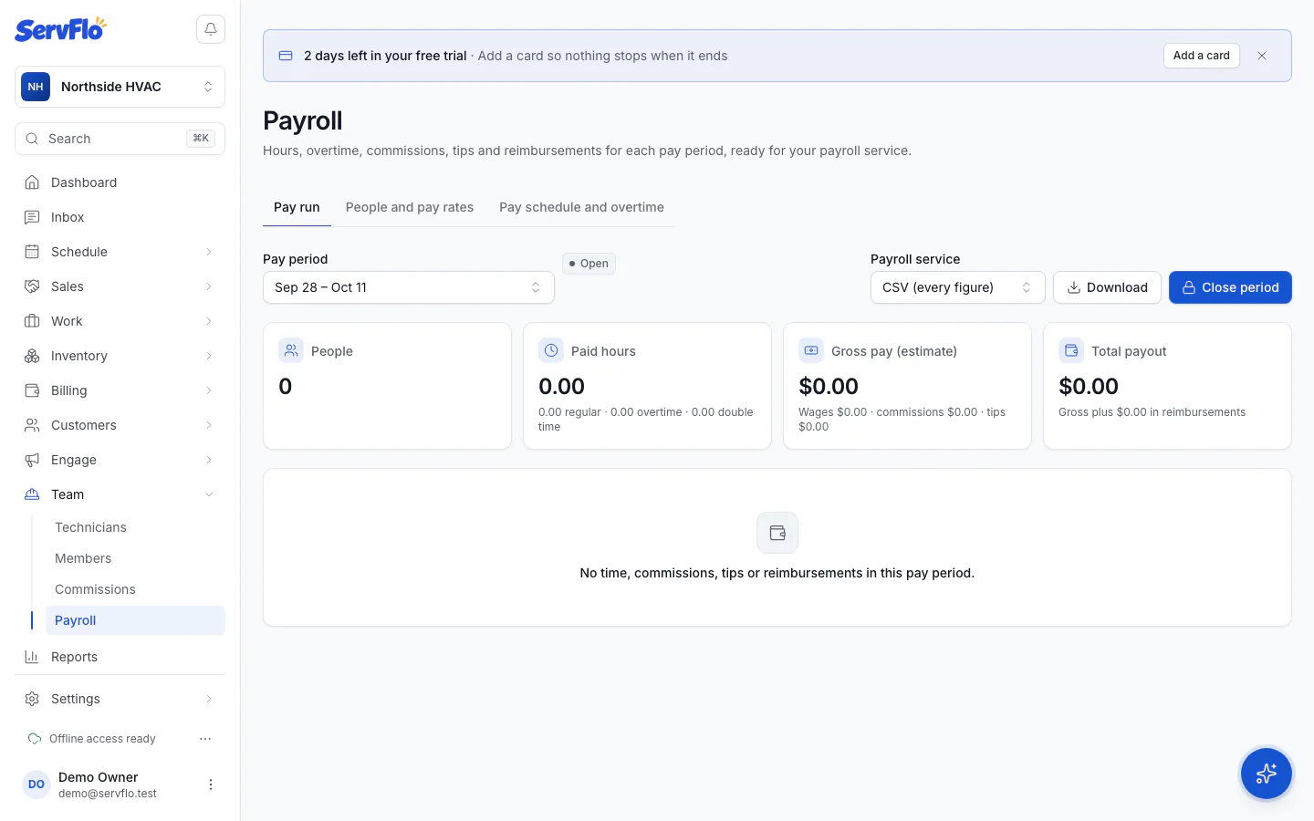 The Pay run with paid hours, gross pay and a row per person