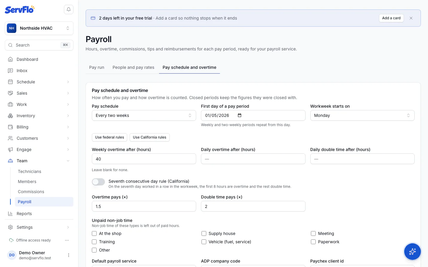 The Pay schedule and overtime tab on the Payroll page