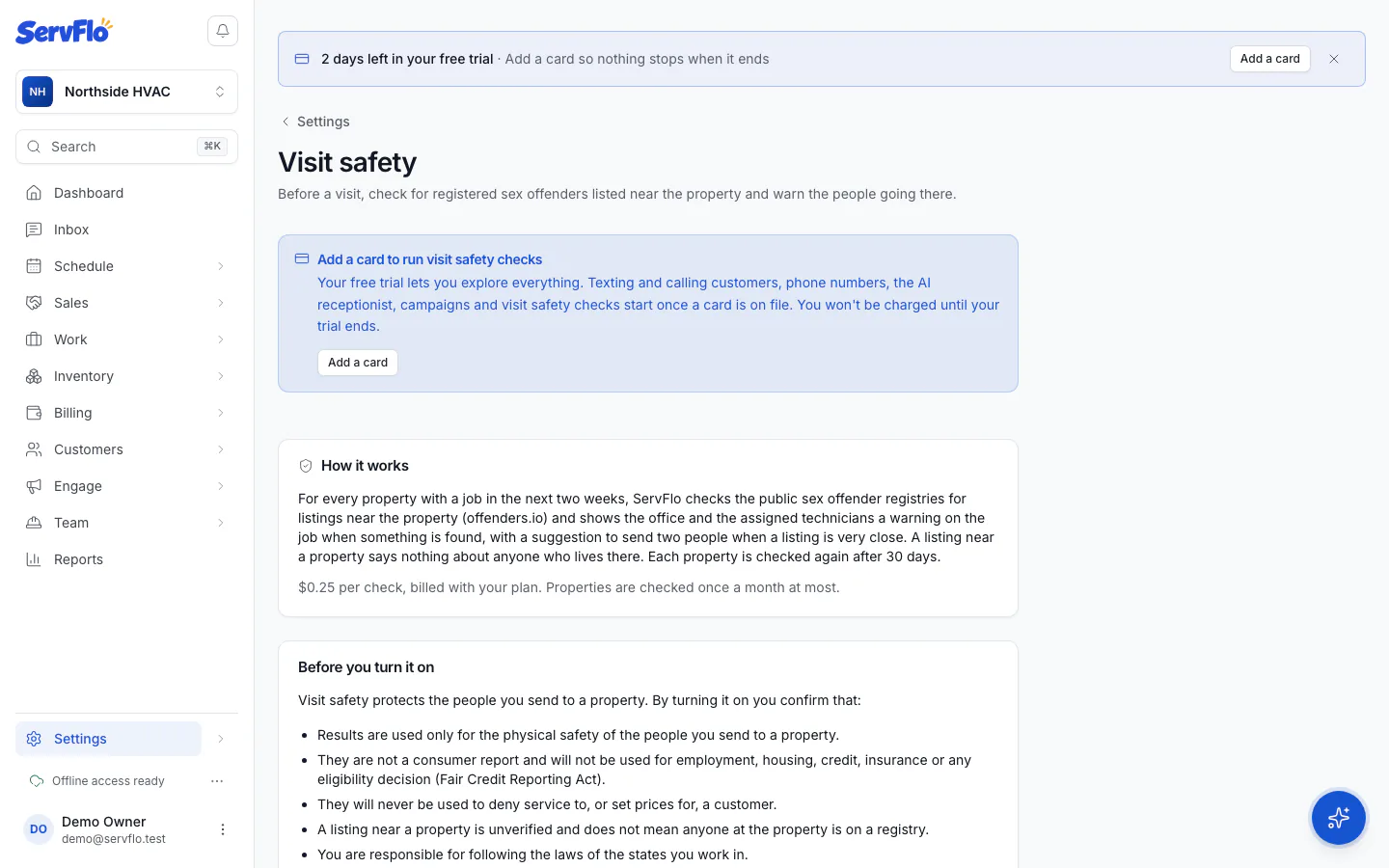 Settings → Visit safety with How it works and the terms