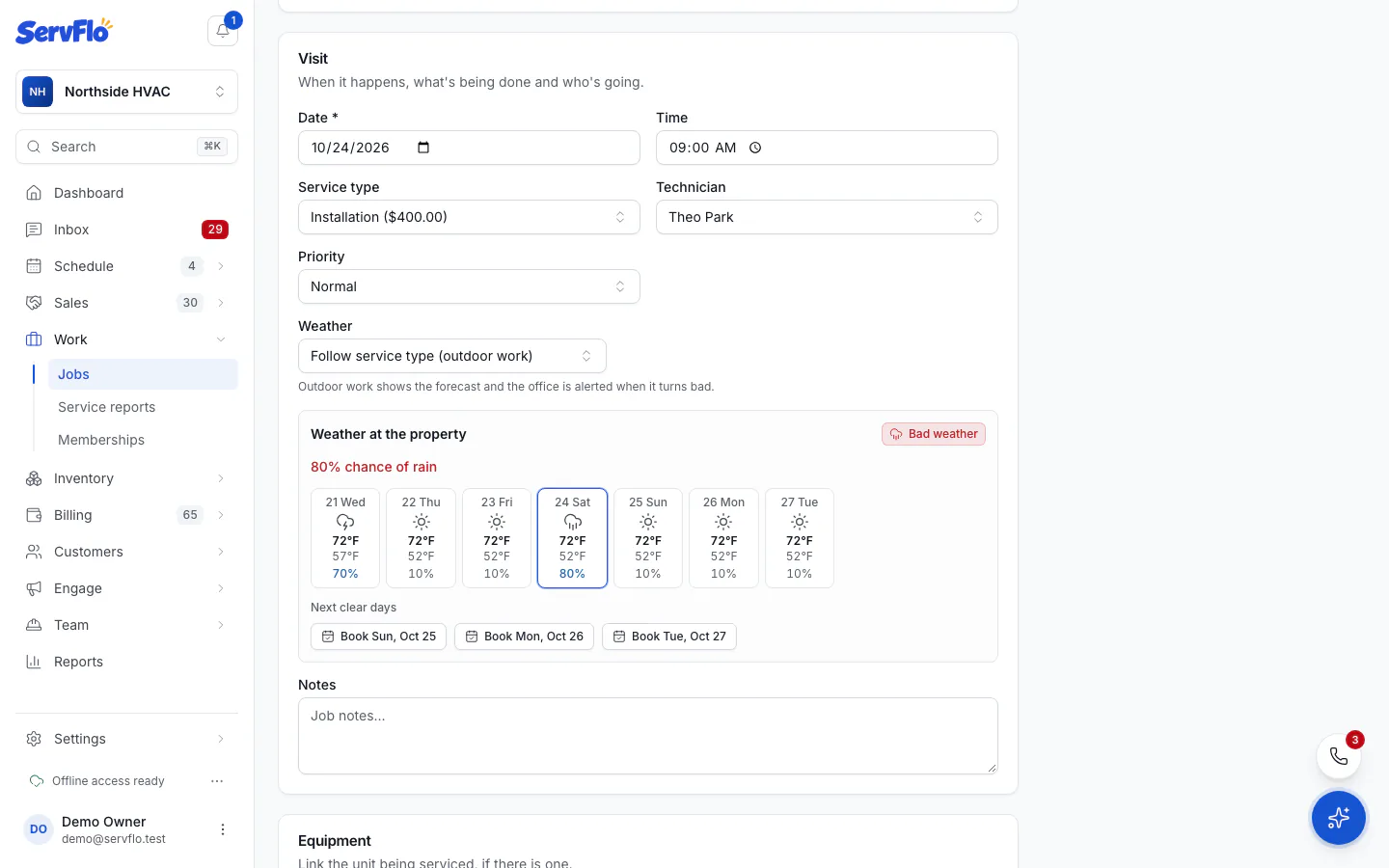 Weather at the property on the new job form