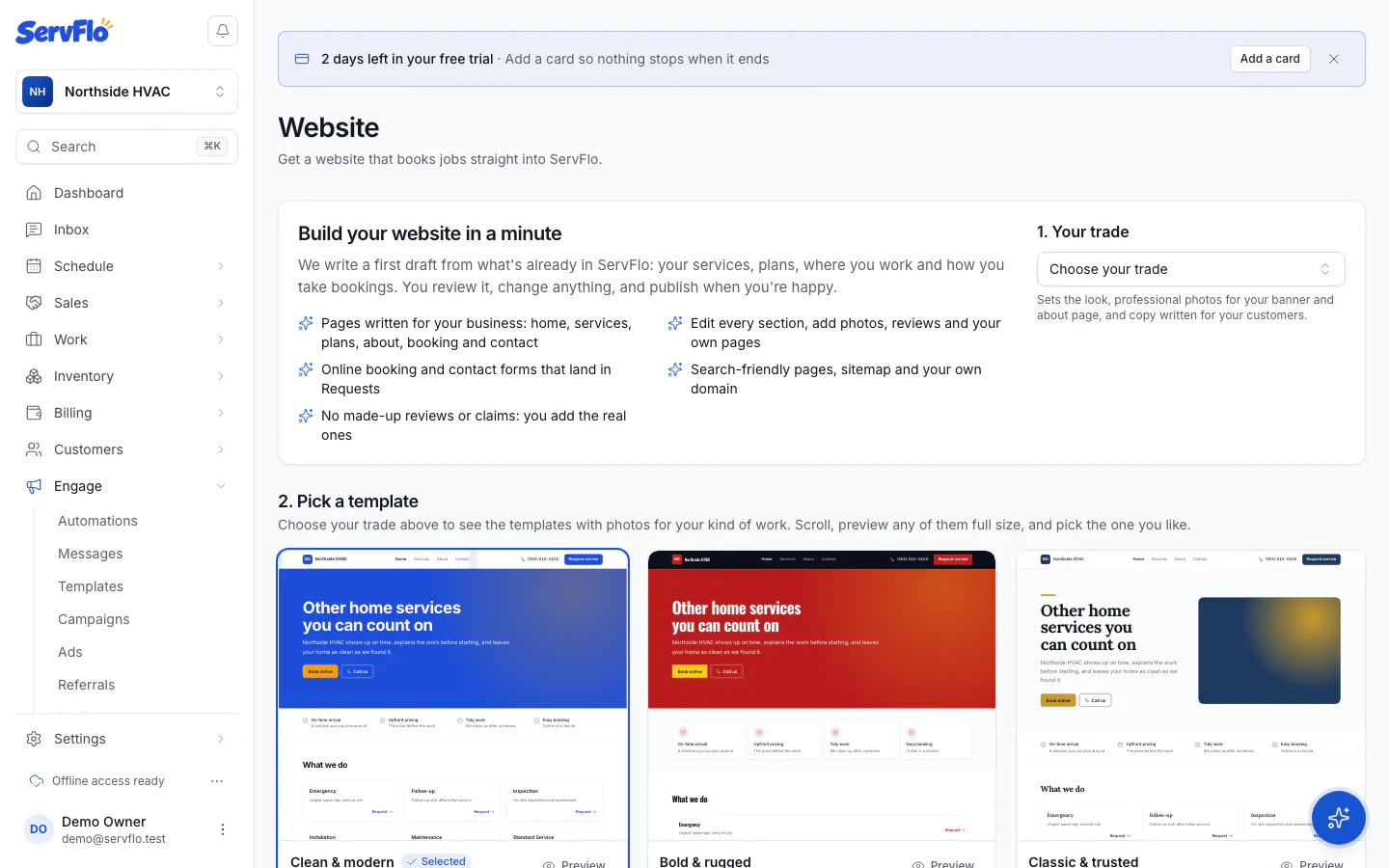 The website builder with trade, template gallery and address steps
