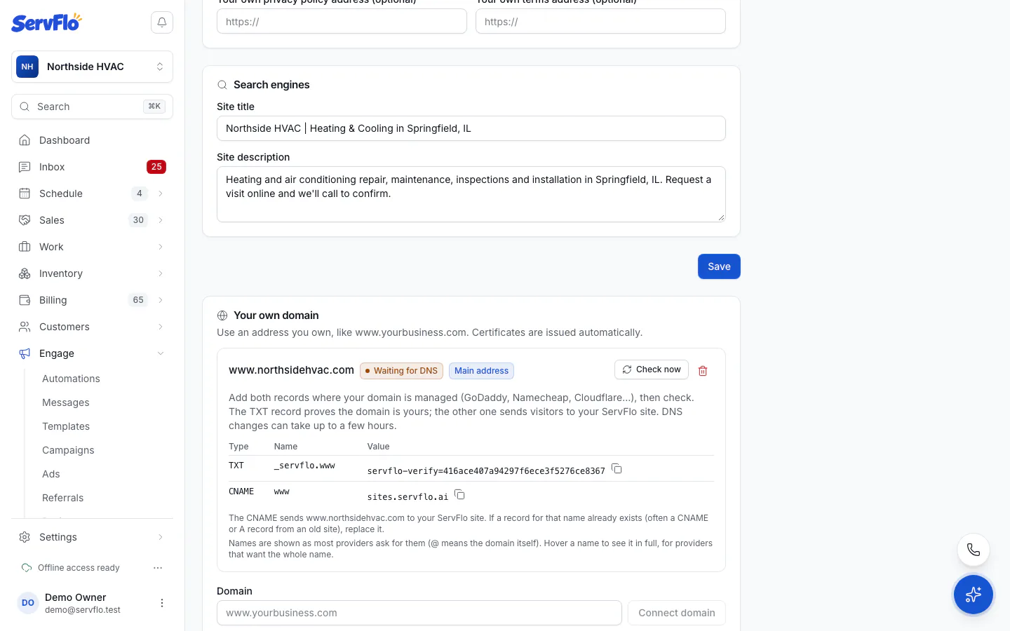 The Your own domain panel with the TXT and CNAME records to add