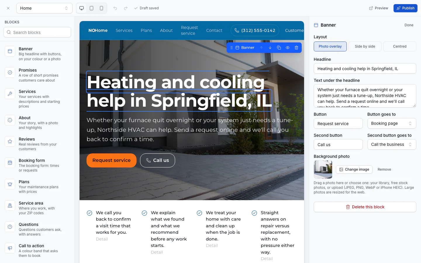 The website editor with the block palette, the page and the inspector