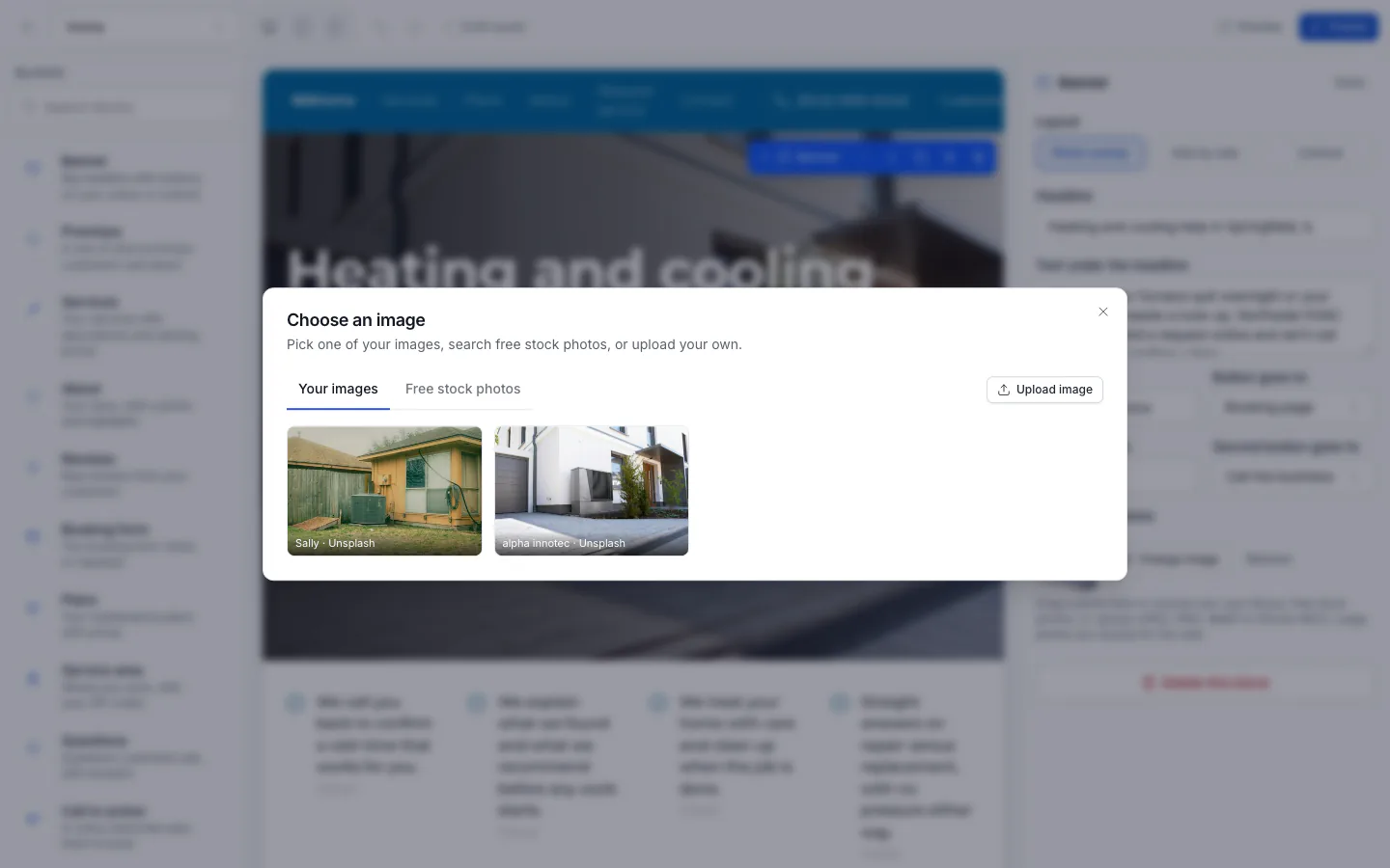 The image picker with your images, free stock photos and upload