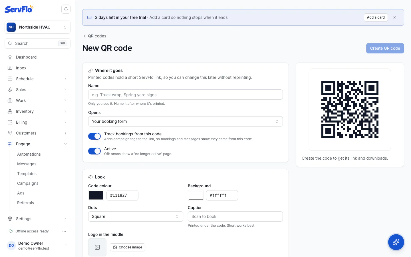 The QR code editor with destination, look and a live preview