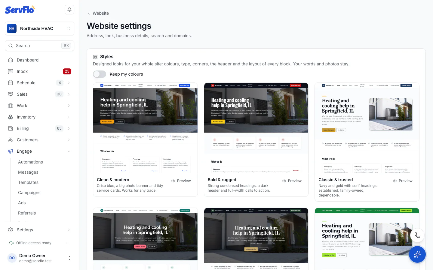 Website settings with the style gallery, look and business details