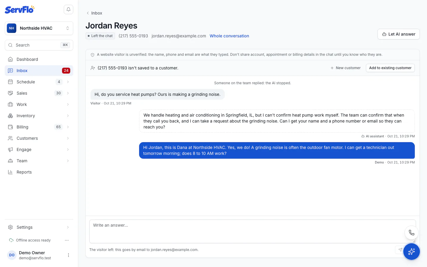 A website chat in the Inbox with the transcript, Take over and the reply box