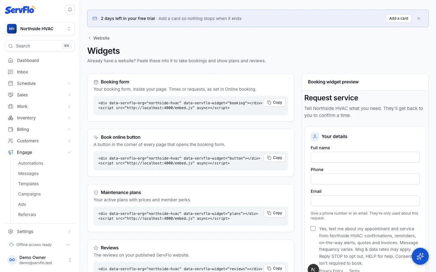 The widgets page with copyable code for each widget and a booking form preview